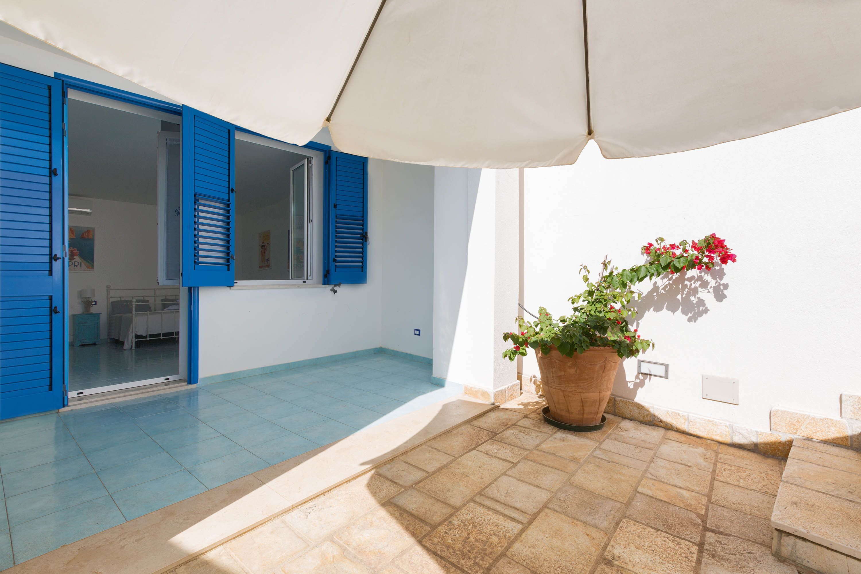 A balcony with a potted plant, a white umbrella, and blue shutters.