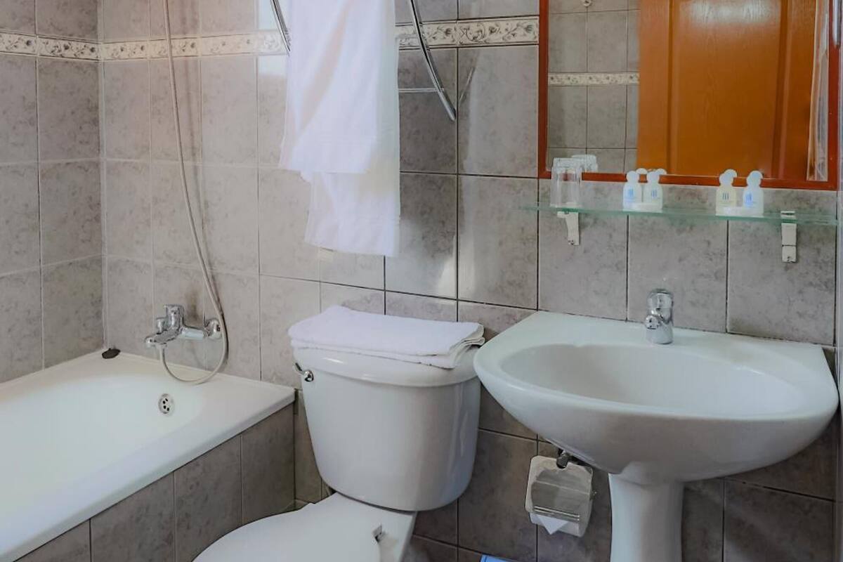 combined shower/bathtub, hair dryer, towels