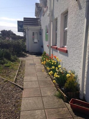 A building with a narrow pathway leading to a door, surrounded by flower beds with yellow and orange flowers. - Finn McCool's Giants Causeway Hostel (Bushmills)