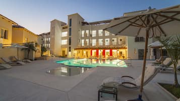 Outdoor pool, pool umbrellas, pool loungers