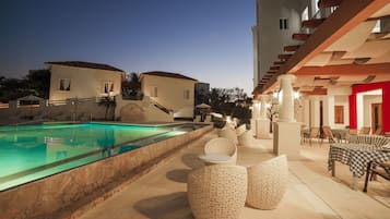 Outdoor pool, pool umbrellas, pool loungers