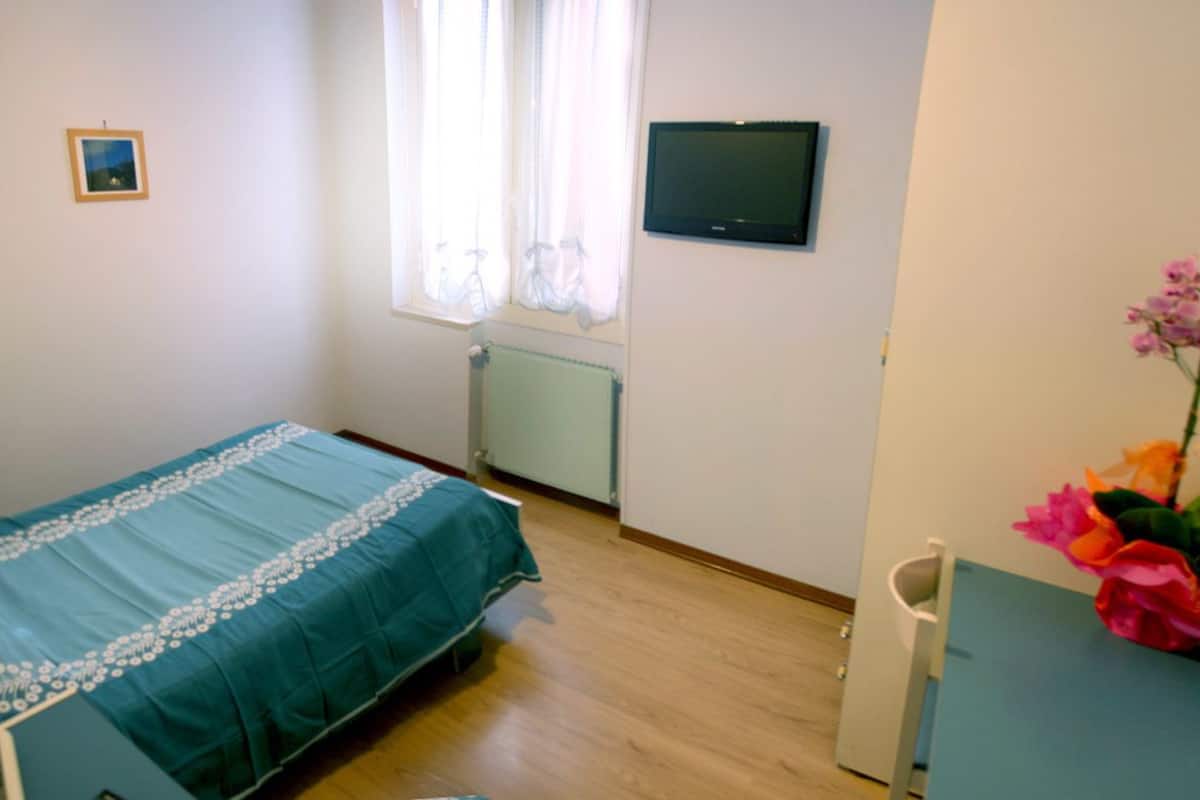 Een slaapkamer met een bed, een bureau met een bloevas en een televisie aan de muur.