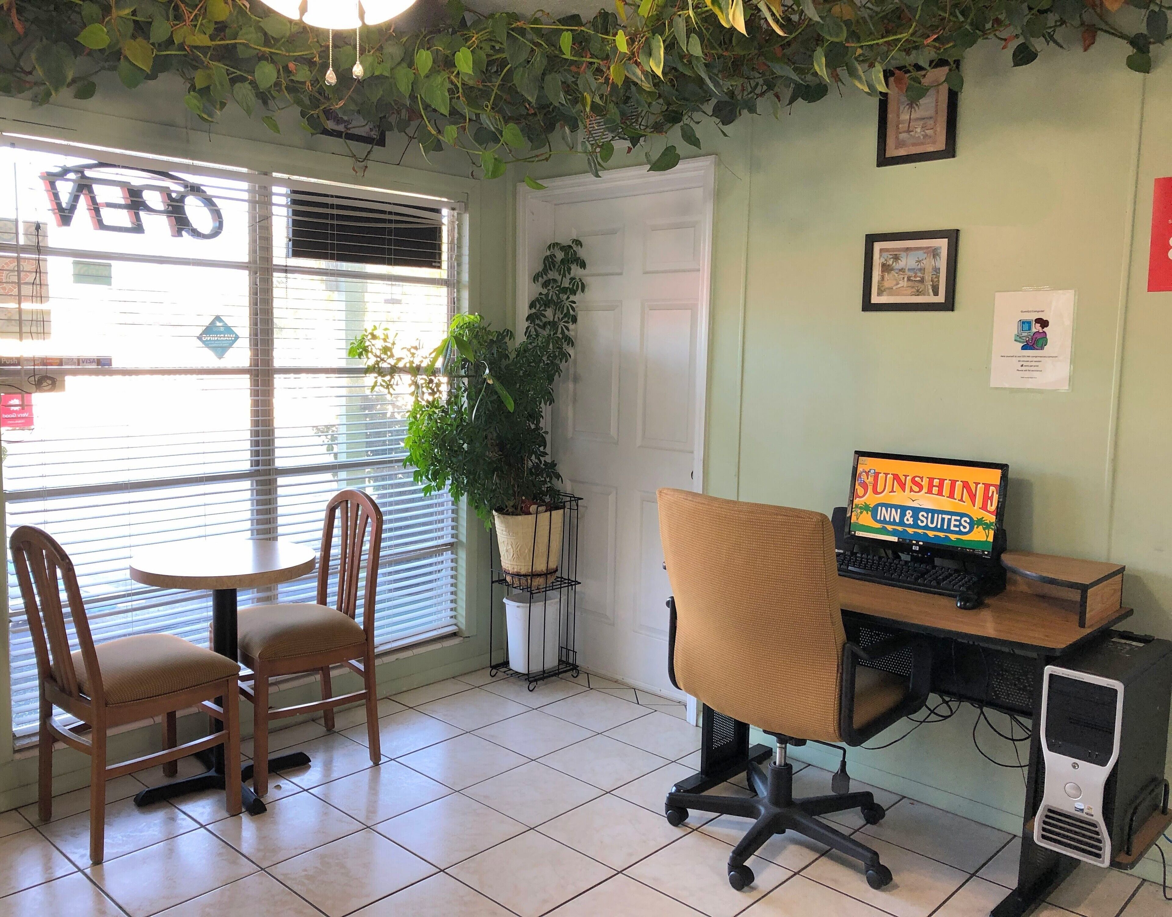 A room with two wooden chairs, a desk with a computer, a potted plant, and a window with blinds.