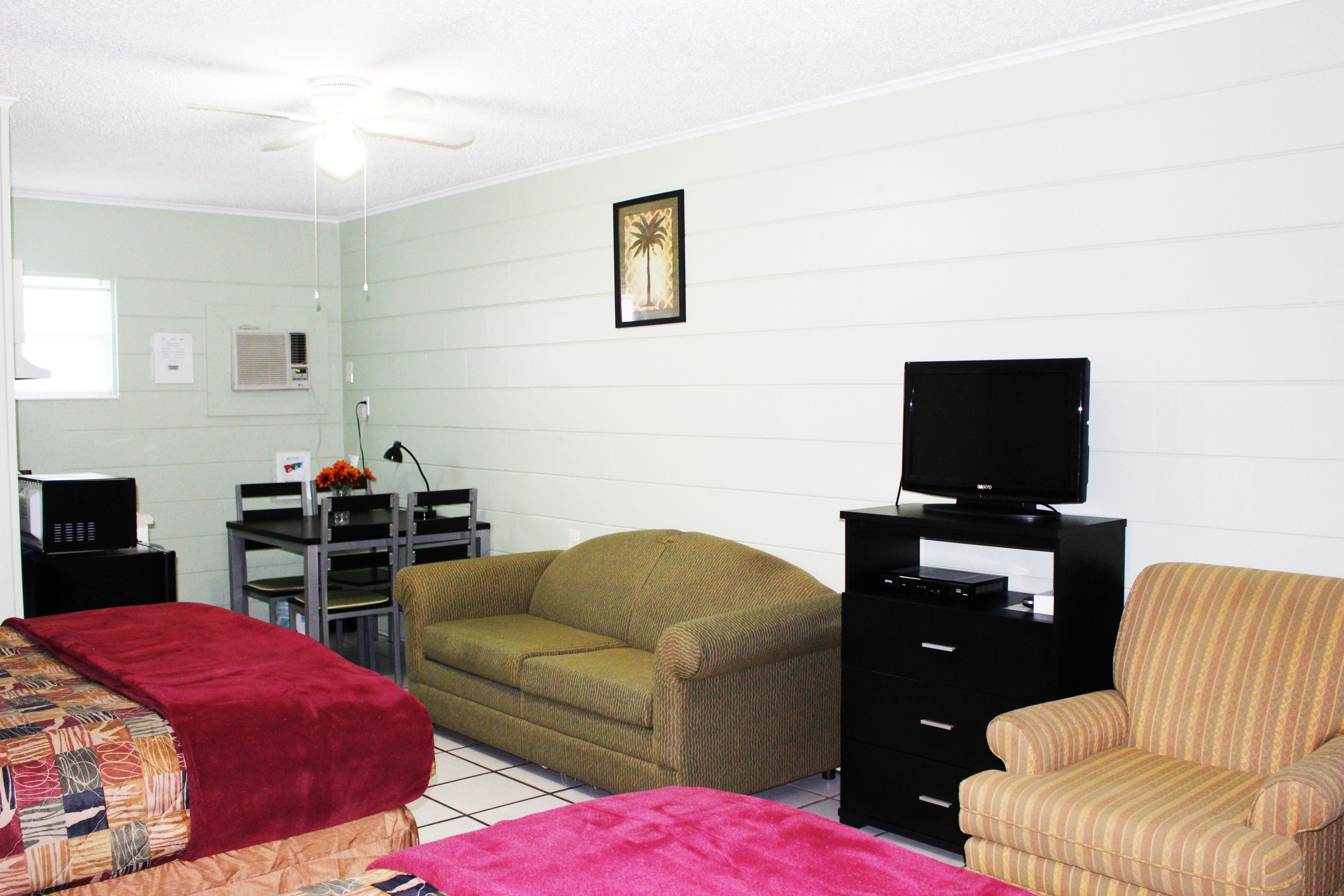 A room with a bed, a sofa, a TV on a stand, a desk with a computer, and a chair.