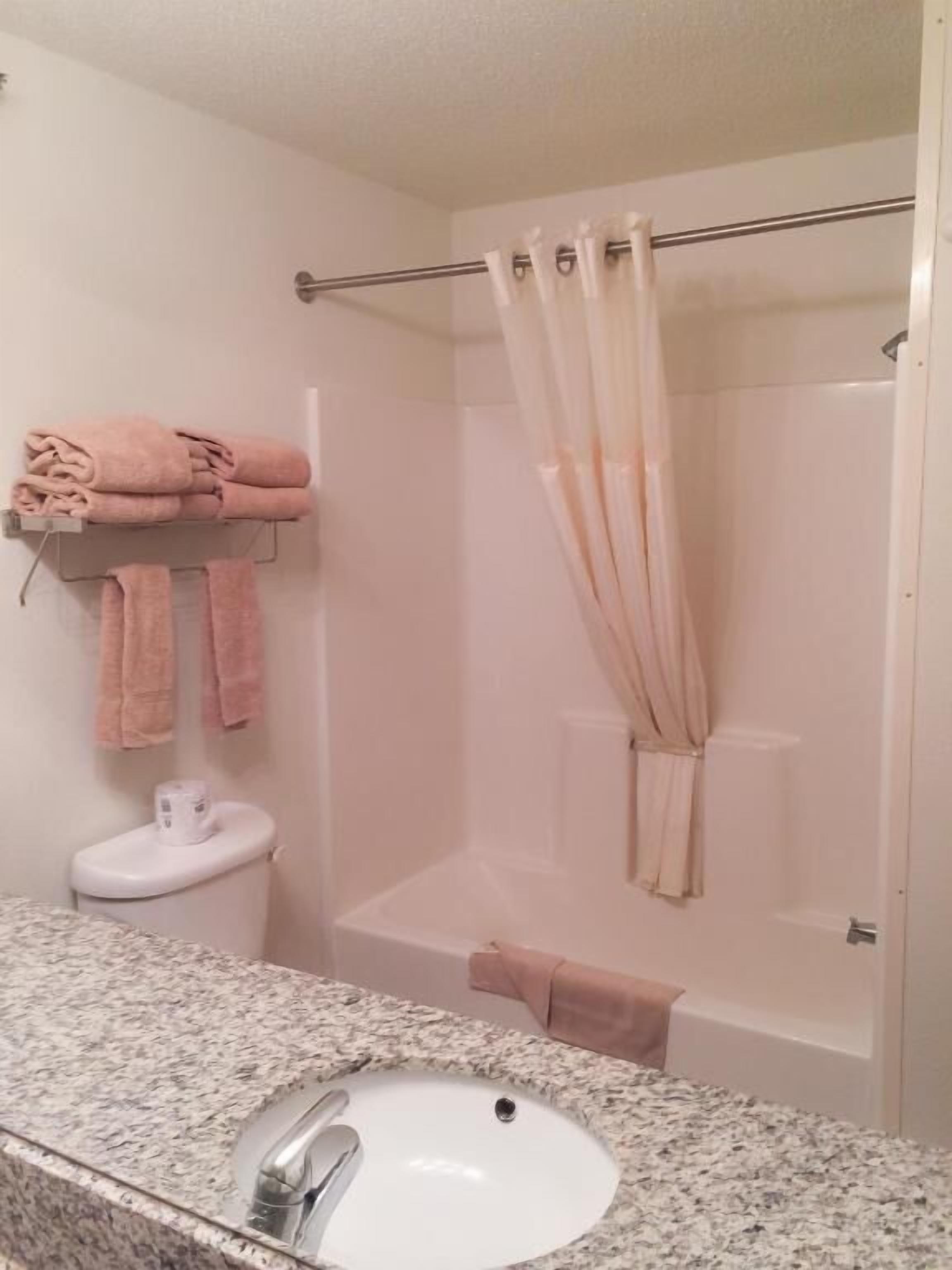 combined shower/bathtub, free toiletries, towels