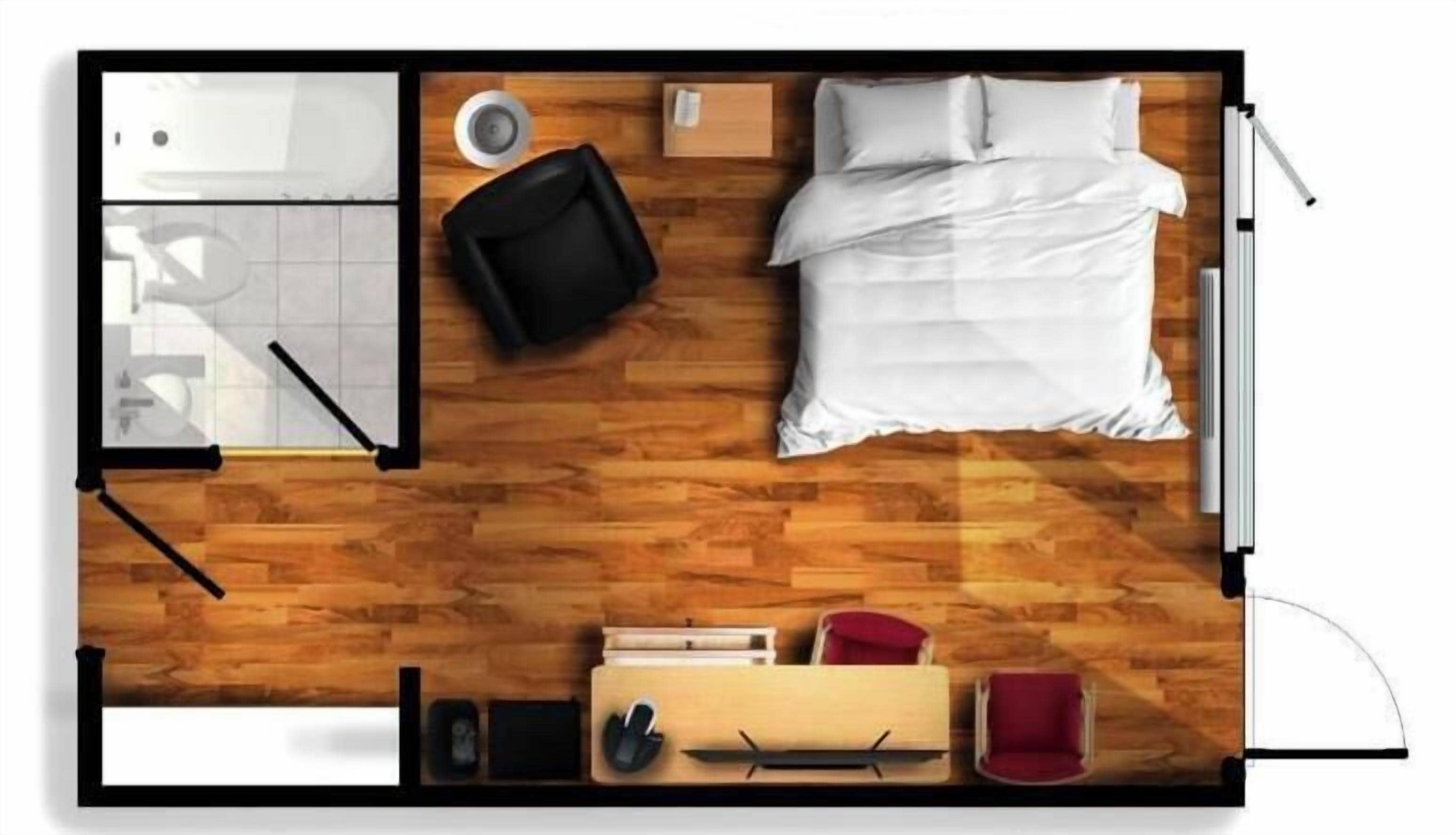 A top-down view of a hotel room with a bed, a desk, a chair, a small table, and a sofa.