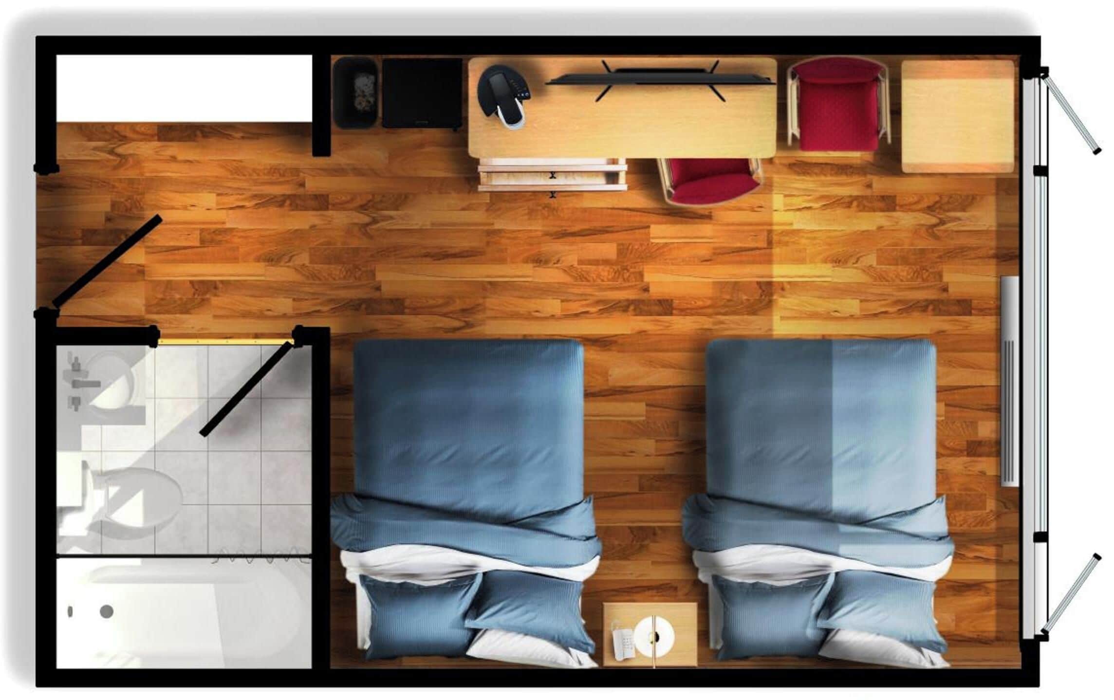 A room with two beds, a desk, a chair, a red chair, a small table, and a window.
