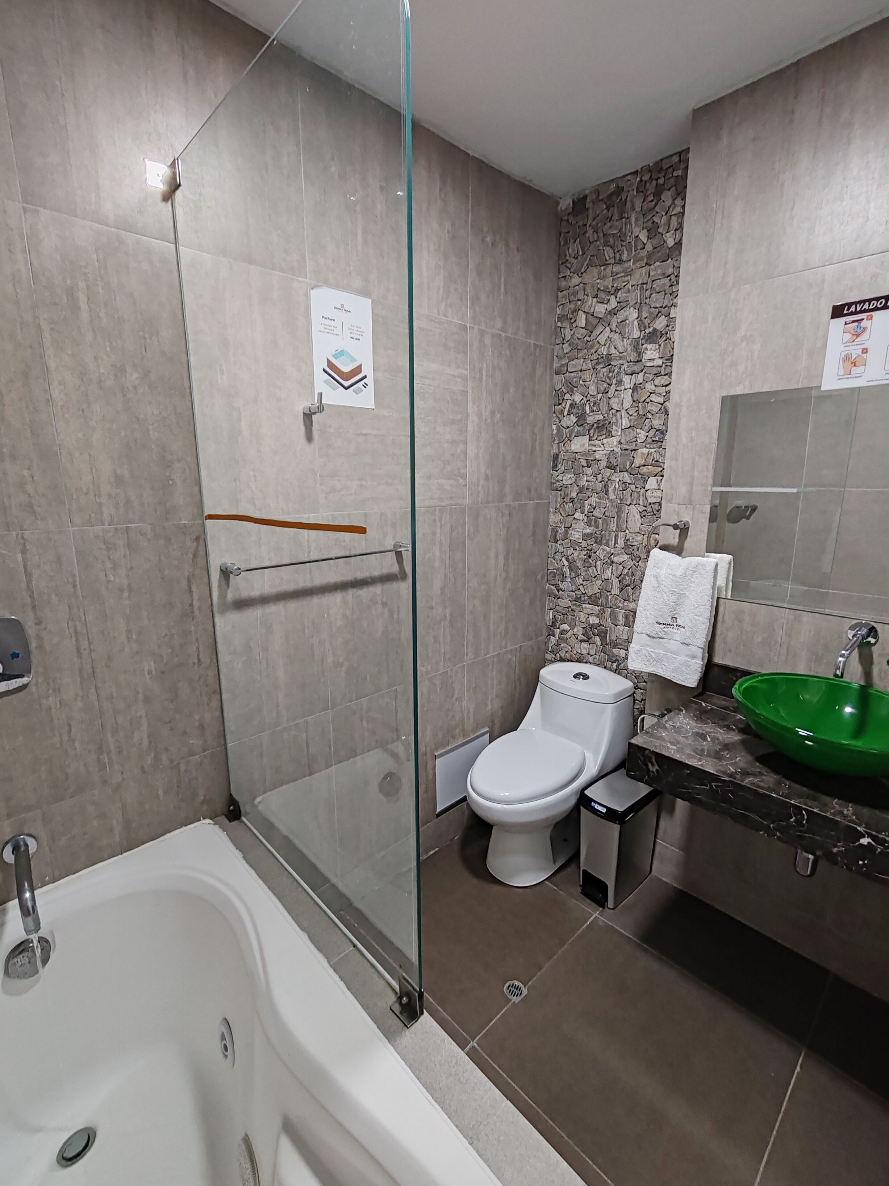 A modern bathroom with a glass-enclosed shower, a white toilet, a green sink, and a bathtub.
