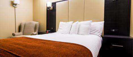 A hotel room with a large bed, a bedside table, a chair, and a nightstand.