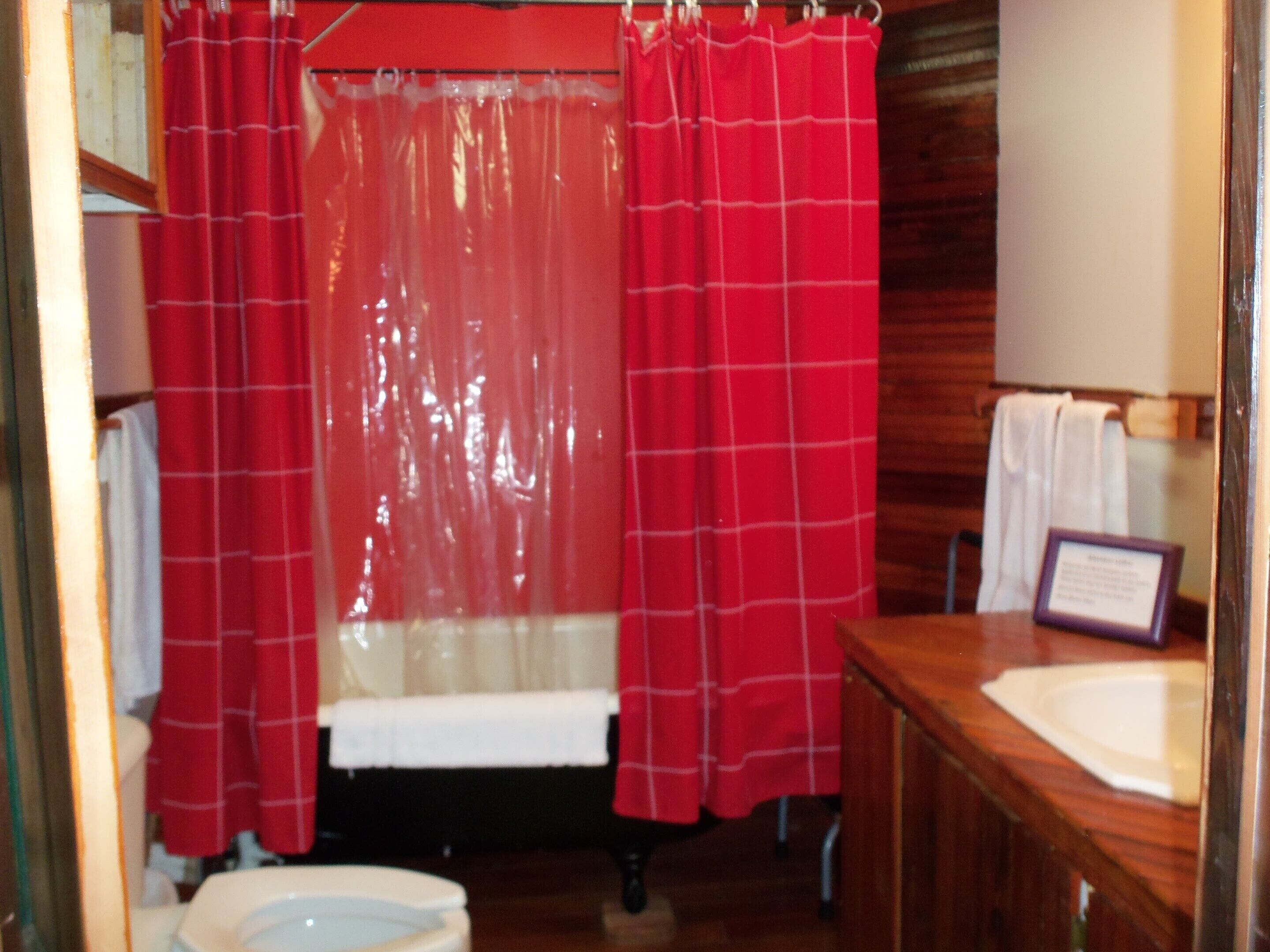 Une salle de bain avec un meuble-lavabo en bois, un lavabo blanc et un rideau de douche rouge.
