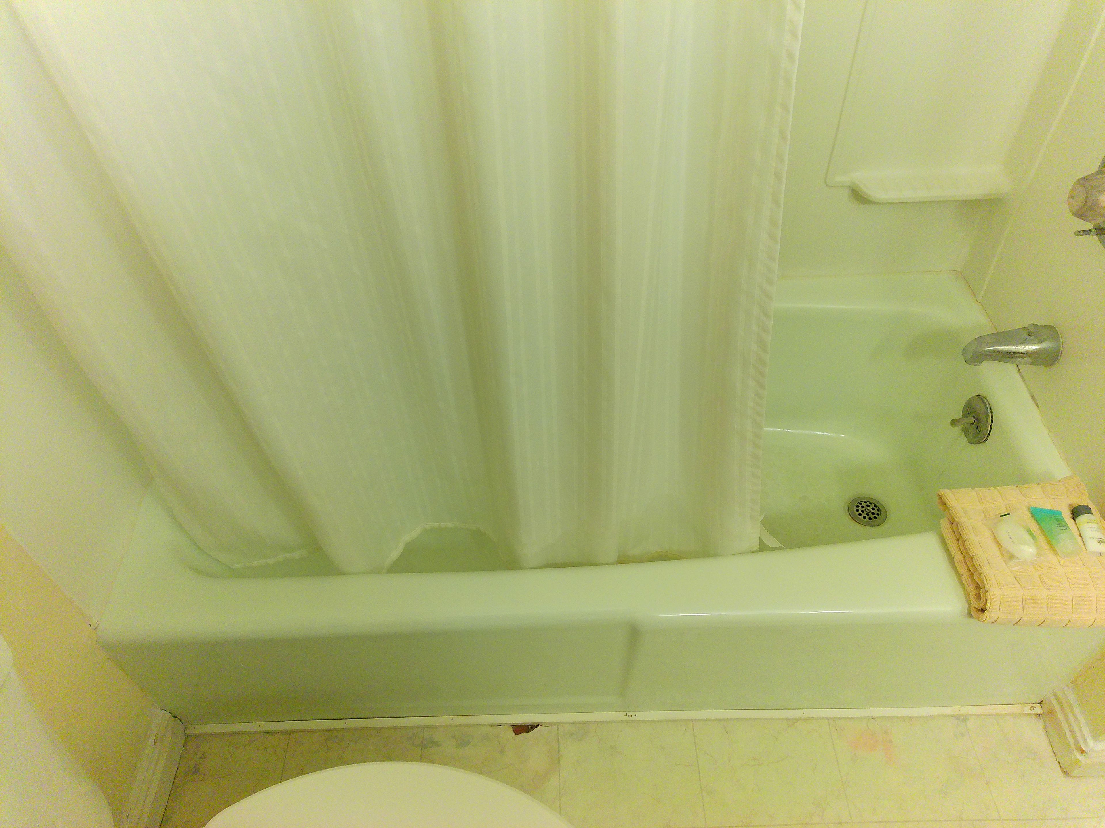 A bathroom with a bathtub, a toilet, and a shower curtain.