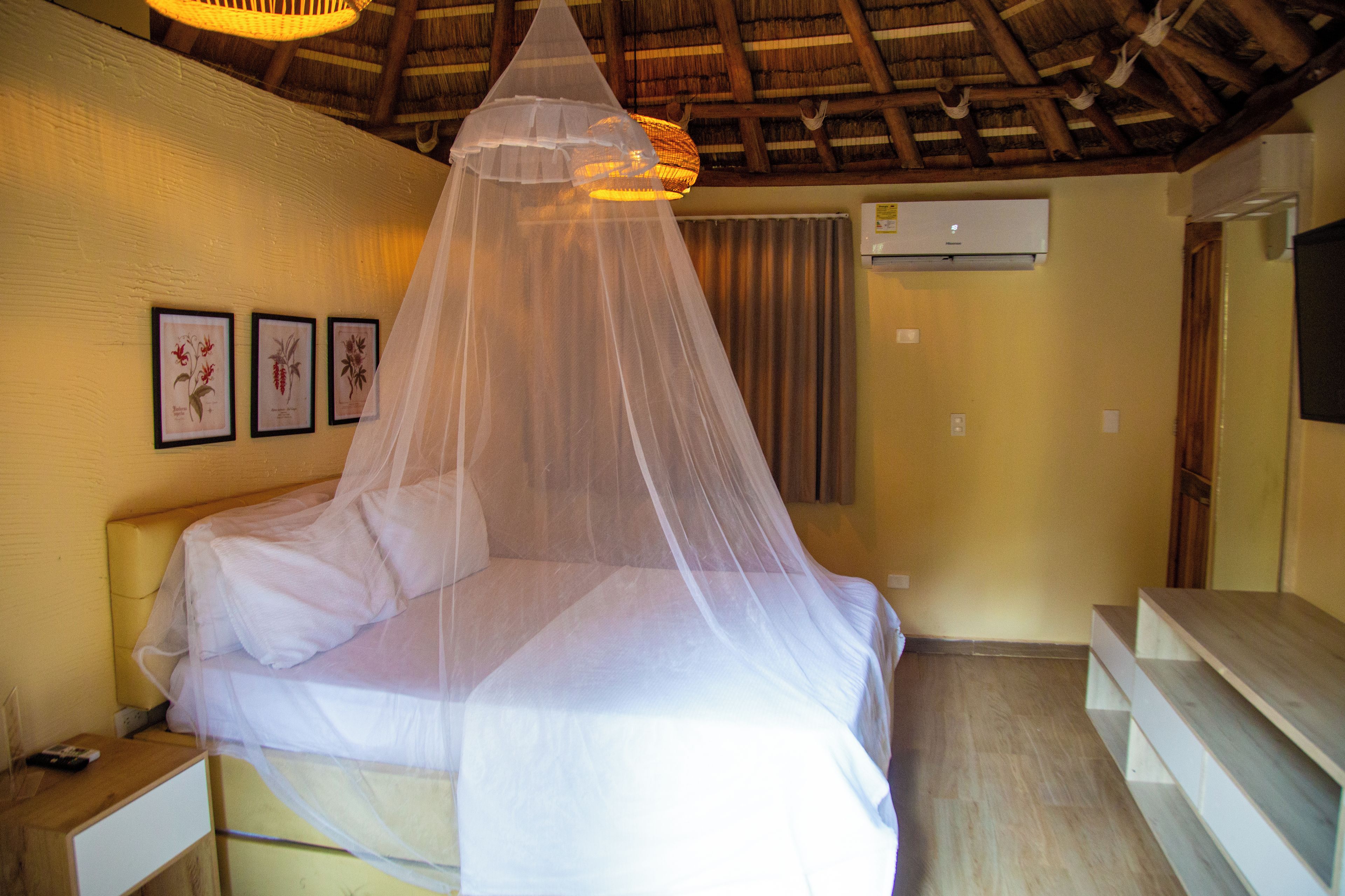 A bed with a canopy, a nightstand, a wall-mounted air conditioner, and framed botanical illustrations.