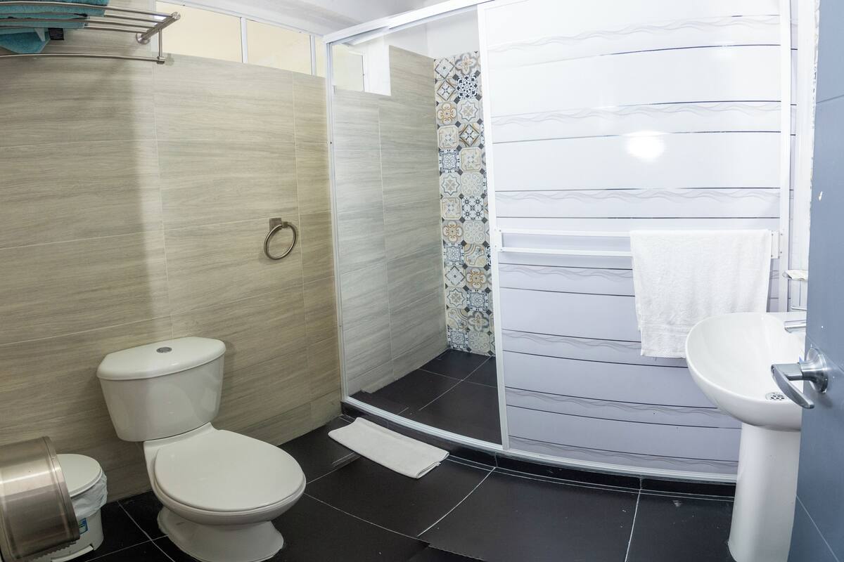 Un baño con inodoro, lavamanos y zona de ducha.