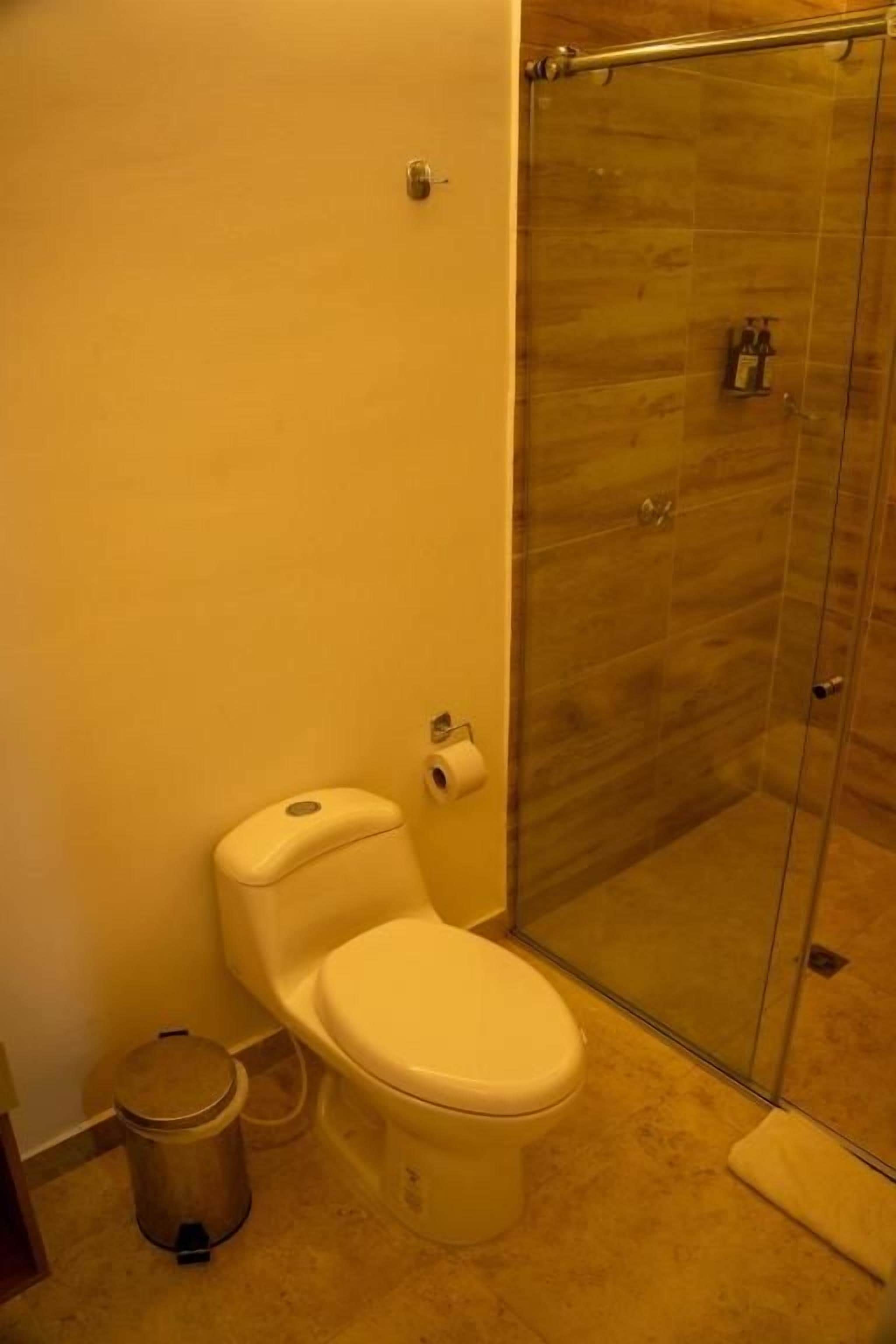 Un baño con inodoro, cabina de ducha de vidrio y un cubo de basura.