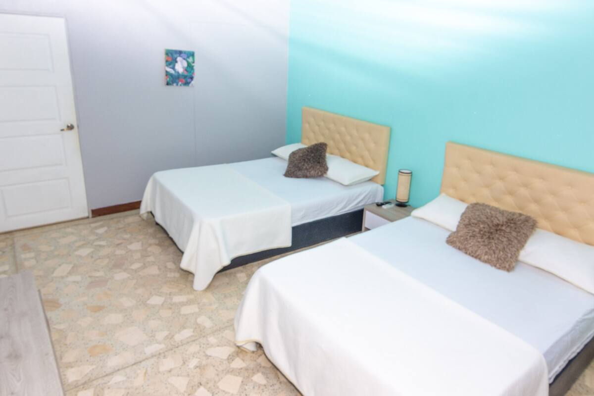 Una habitación con dos camas, una puerta y un pequeño cuadro en la pared.