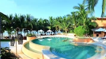 Outdoor pool, pool umbrellas, pool loungers