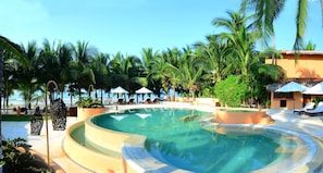 Outdoor pool, pool umbrellas, pool loungers