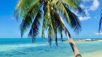 On the beach, sun loungers, beach umbrellas, beach towels