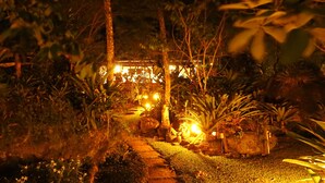 Un chemin de jardin illuminé la nuit, menant à un bâtiment dont les fenêtres sont éclairées.