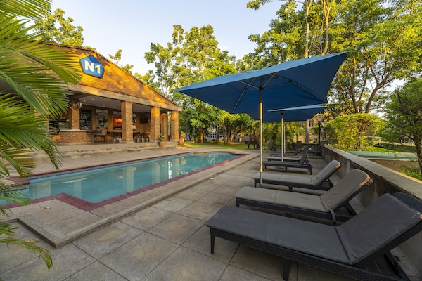 Outdoor pool, pool umbrellas, pool loungers
