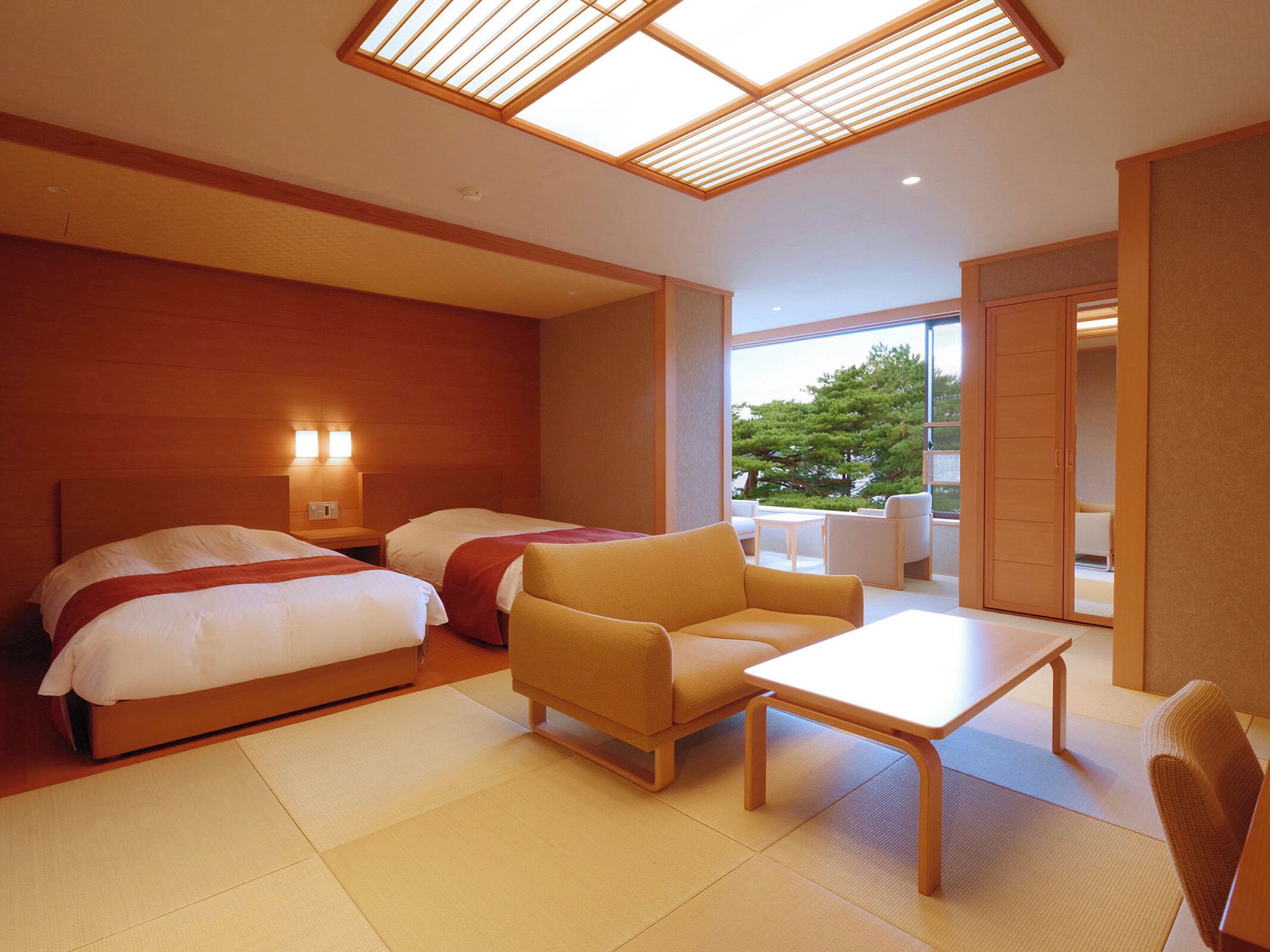 Chambre avec lits jumeaux de style japonais, 1 chambre, non-fumeur, vue sur l’océan | Literie de qualité, coffre-fort, rideaux d’obscurcissement