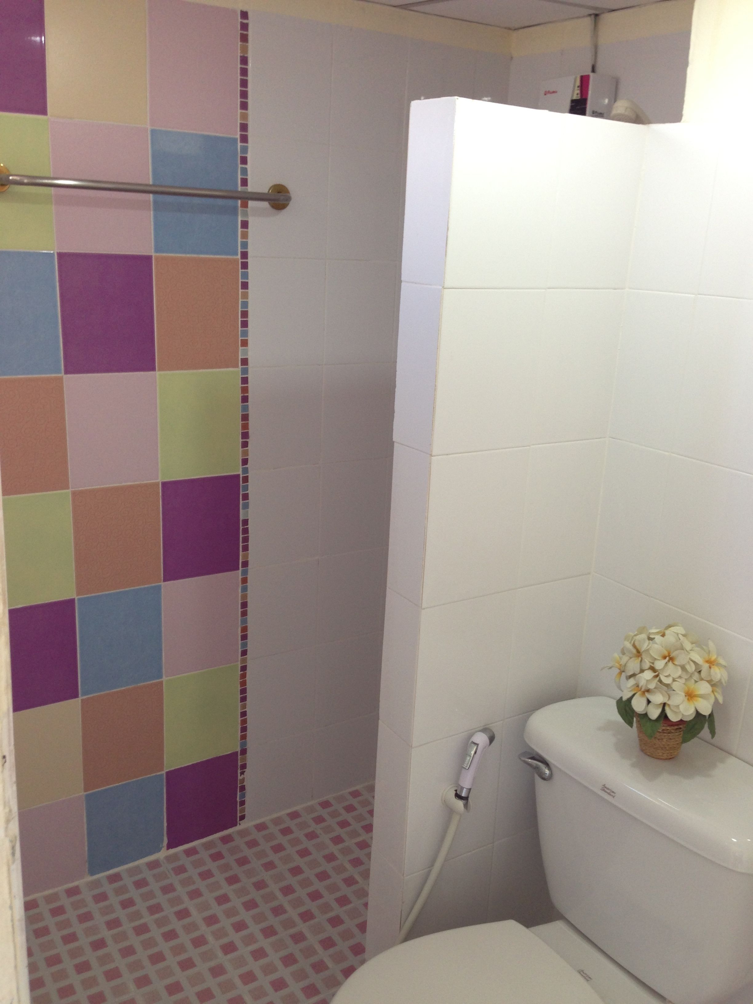 A bathroom with a shower area, a toilet, and a small plant on the toilet.