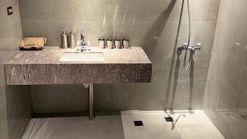 Shower, rainfall showerhead, hair dryer, slippers