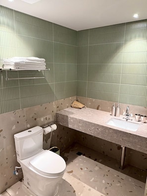 Habitación doble Elite, vista a la ciudad | Baño | Regadera, regadera tipo lluvia, secadora de cabello, pantuflas