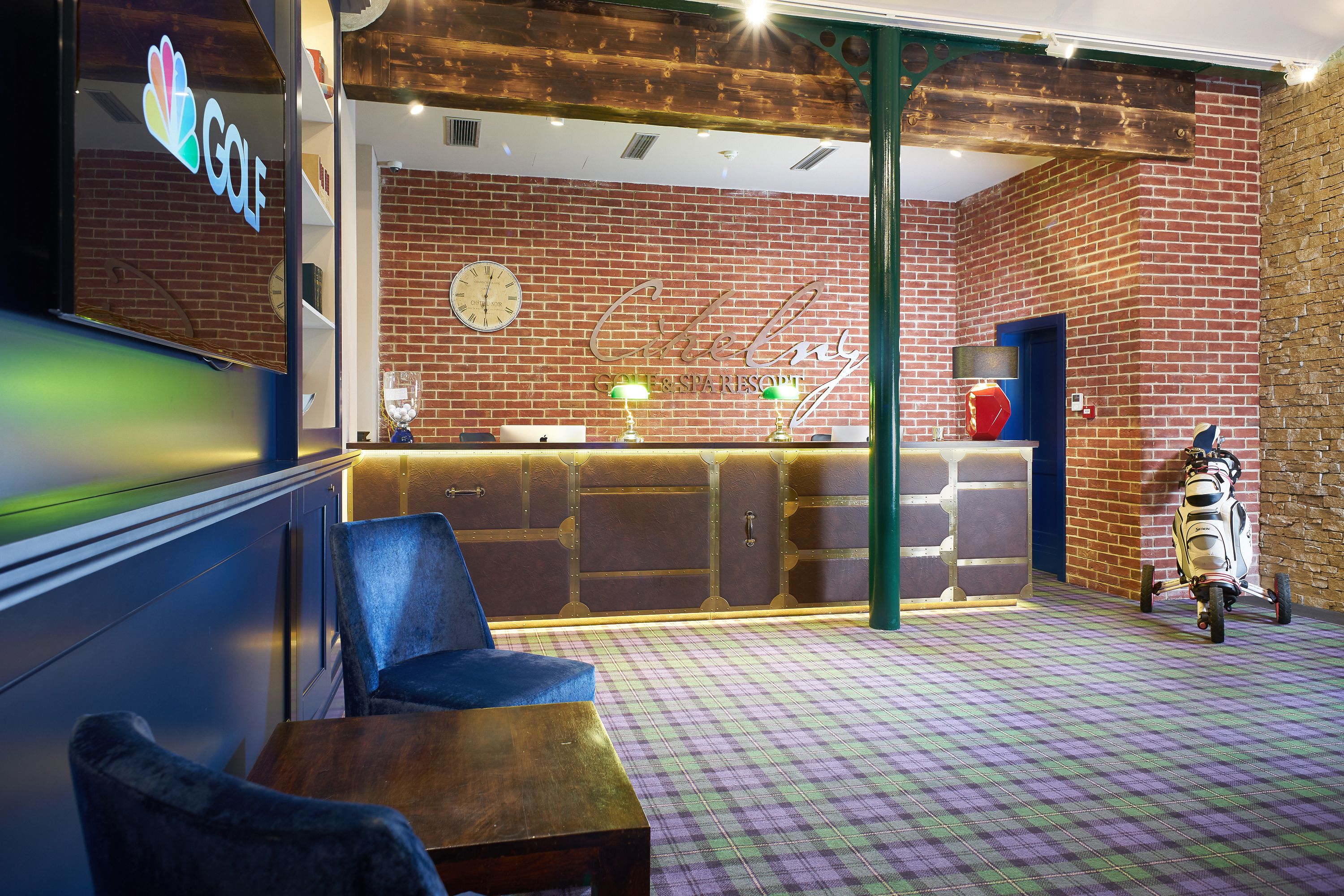 A bar area with a checkered floor, a scooter, and a neon sign.