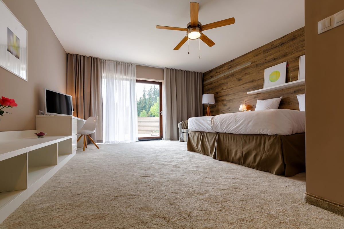 Een slaapkamer met een bed, een bureau, een televisie, een plafondventilator en uitzicht op groen.