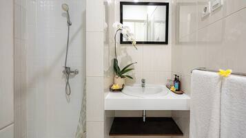 Shower, free toiletries, hair dryer, towels
