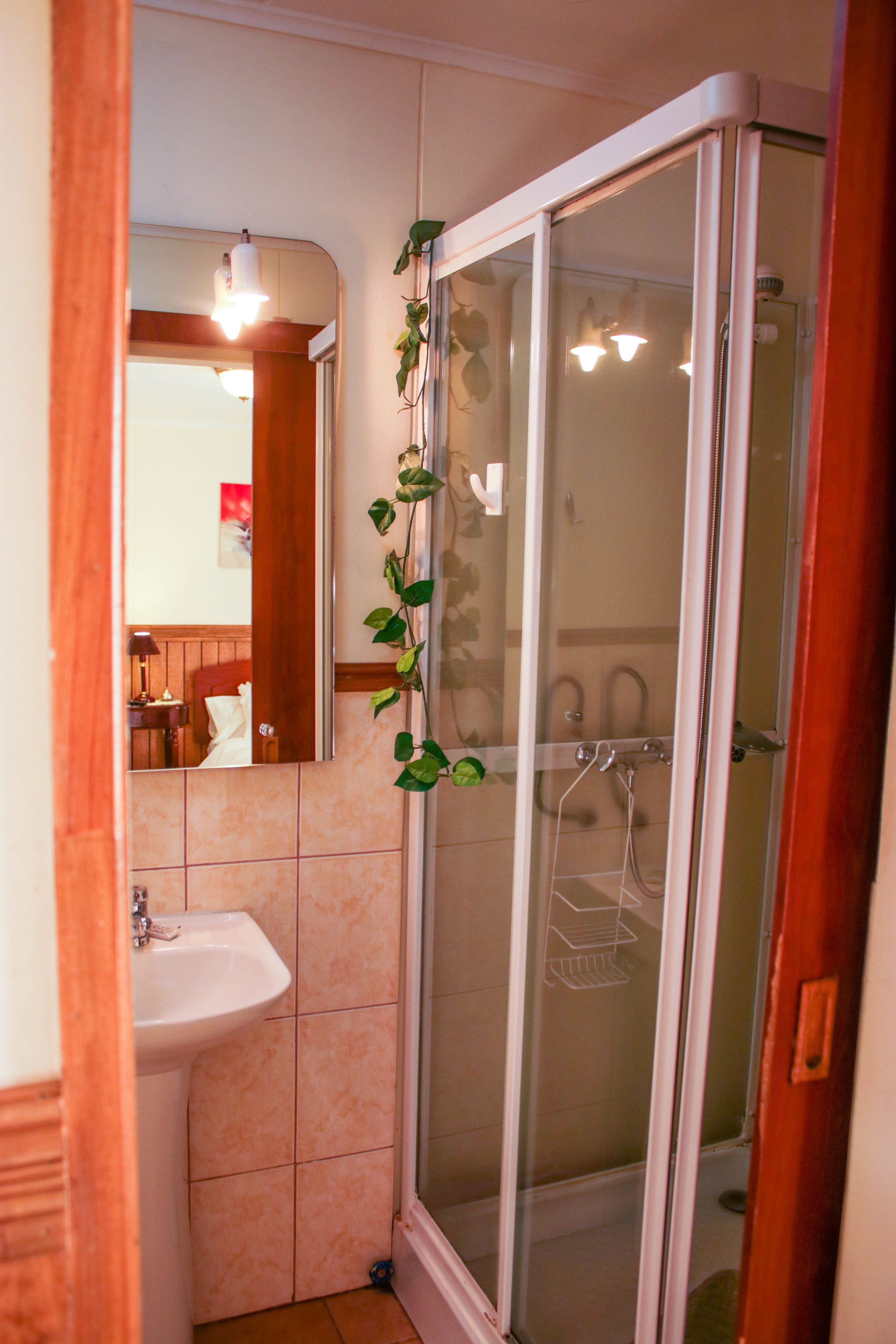 A bathroom with a glass shower enclosure, a sink, and a mirror.