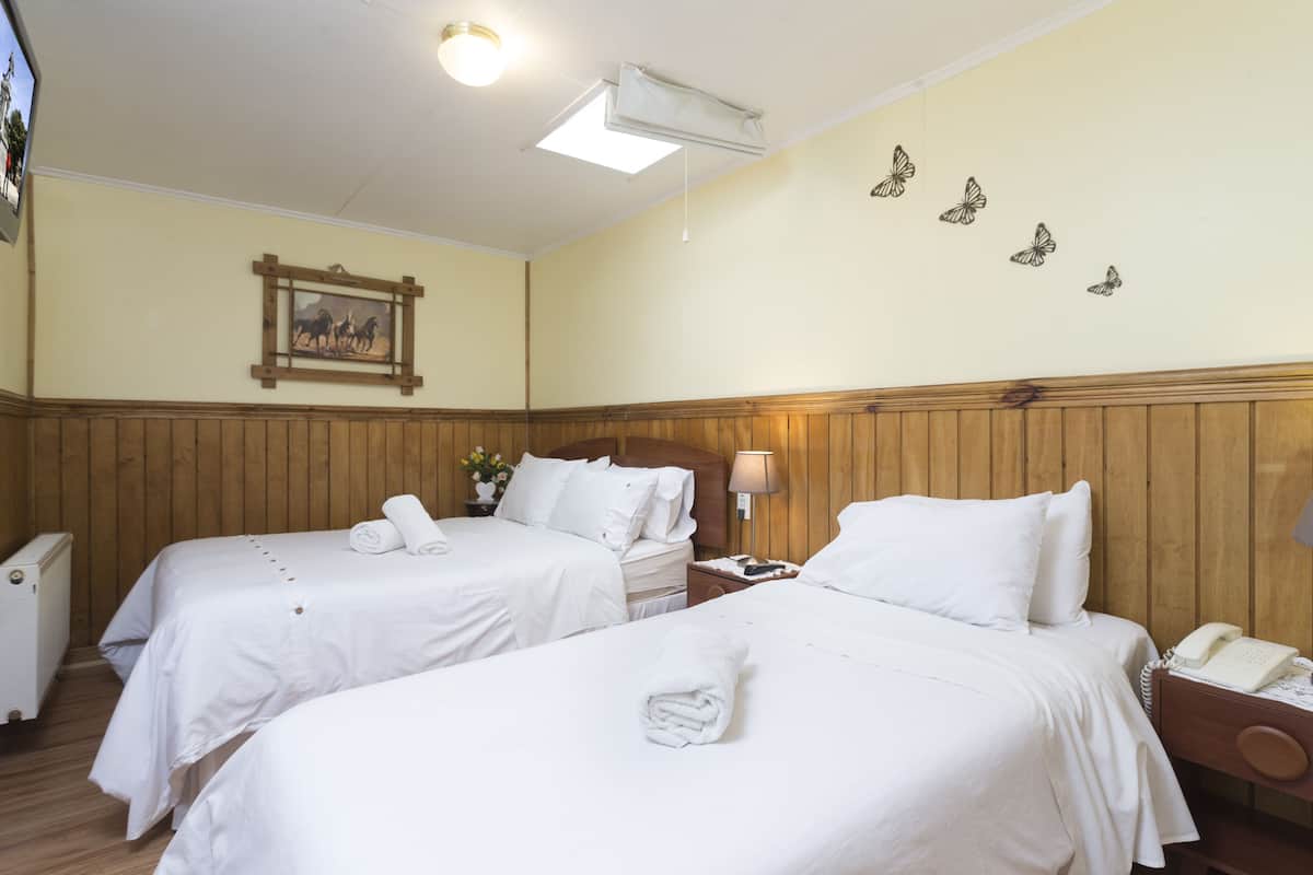 Habitación de hotel con dos camas, cabecero de madera, mesita de noche con lámpara, teléfono y un cuadro en la pared.
