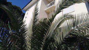 Um edifício moderno com fachada branca, varanda e palmeiras ao redor.