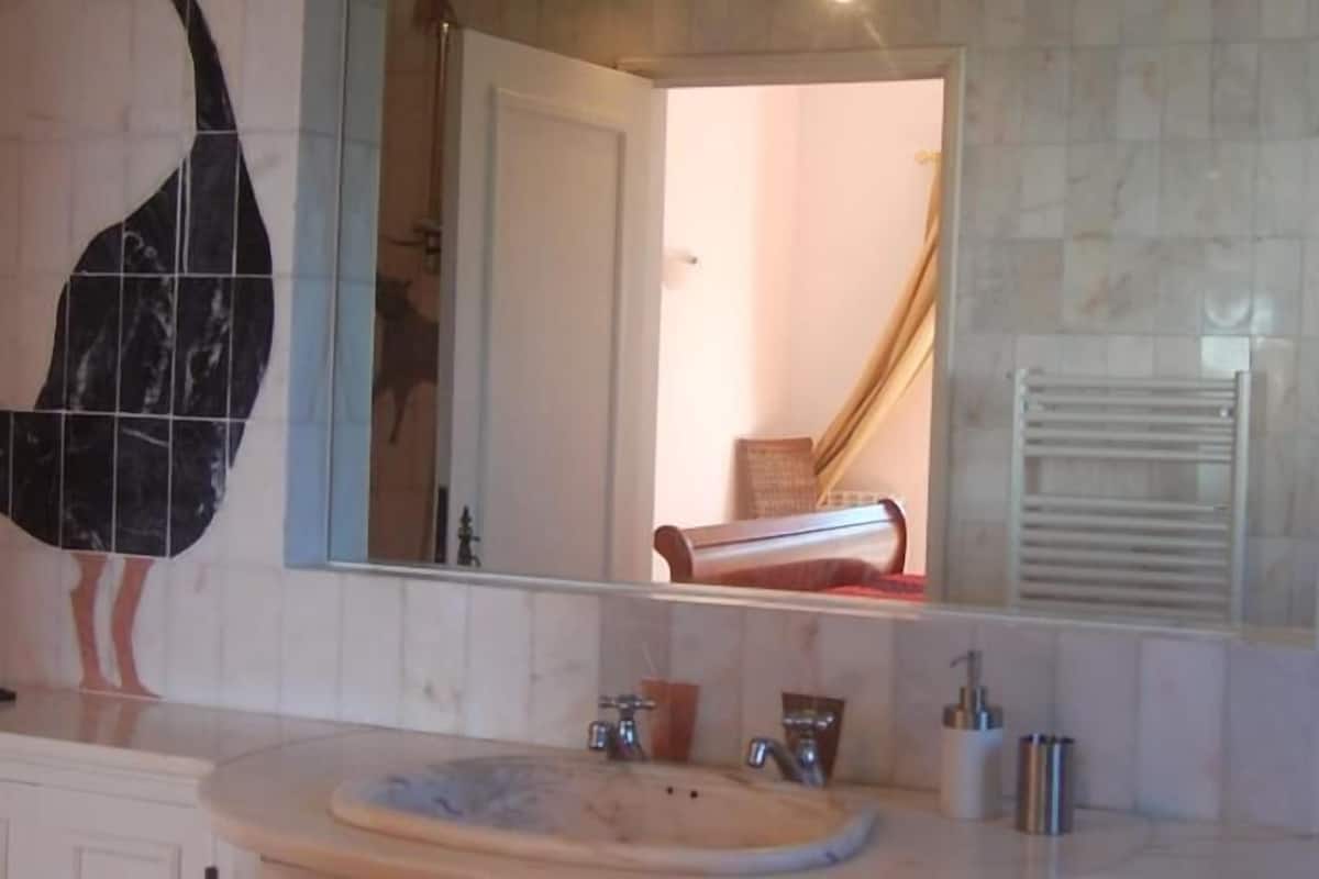 Hair dryer, towels, toilet paper
