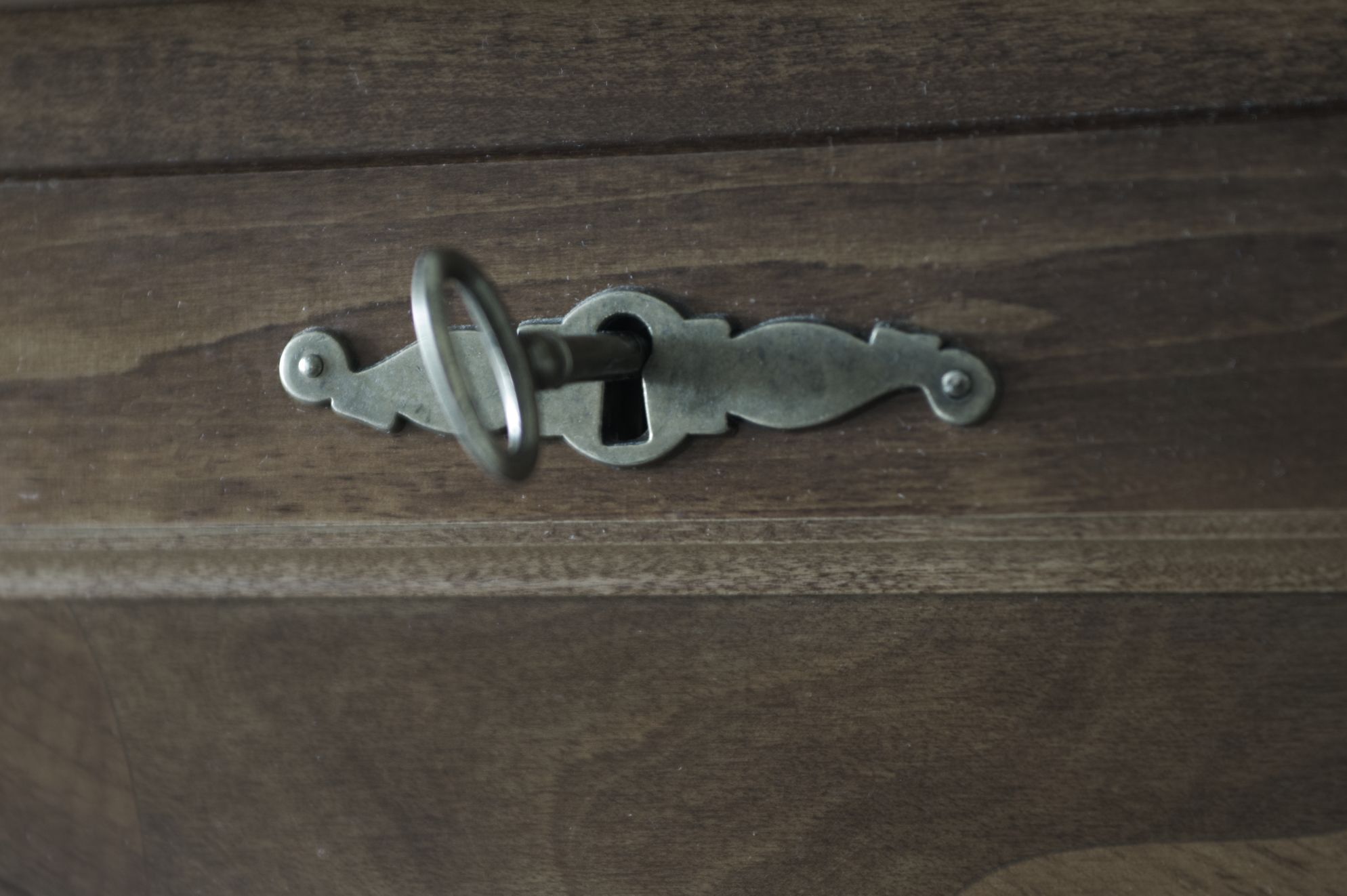 A metal handle on a wooden surface.