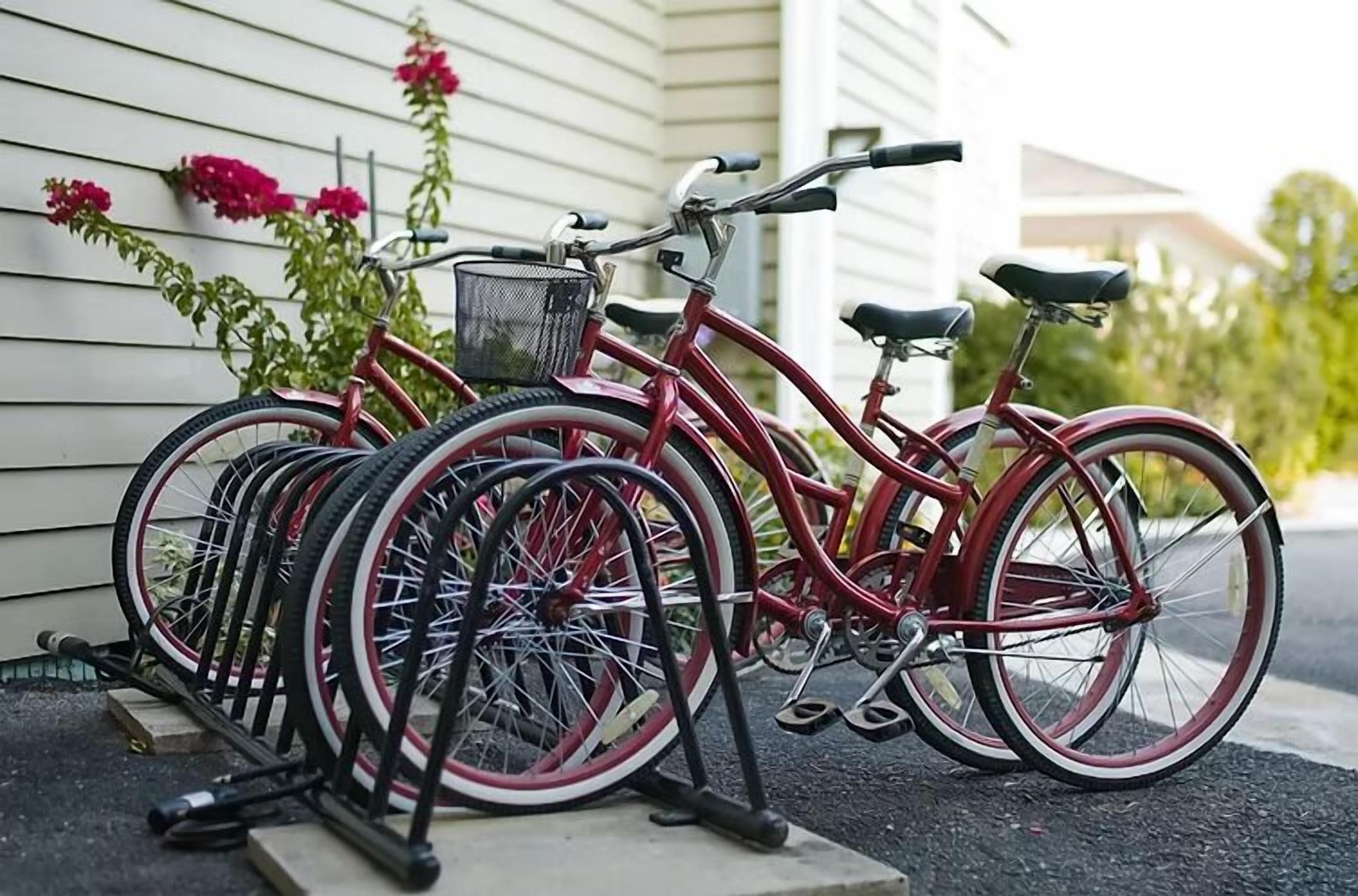 Een fietsenrek met twee fietsen er op, voor een huis met een witte gevel en een bloembak met roze bloemen.