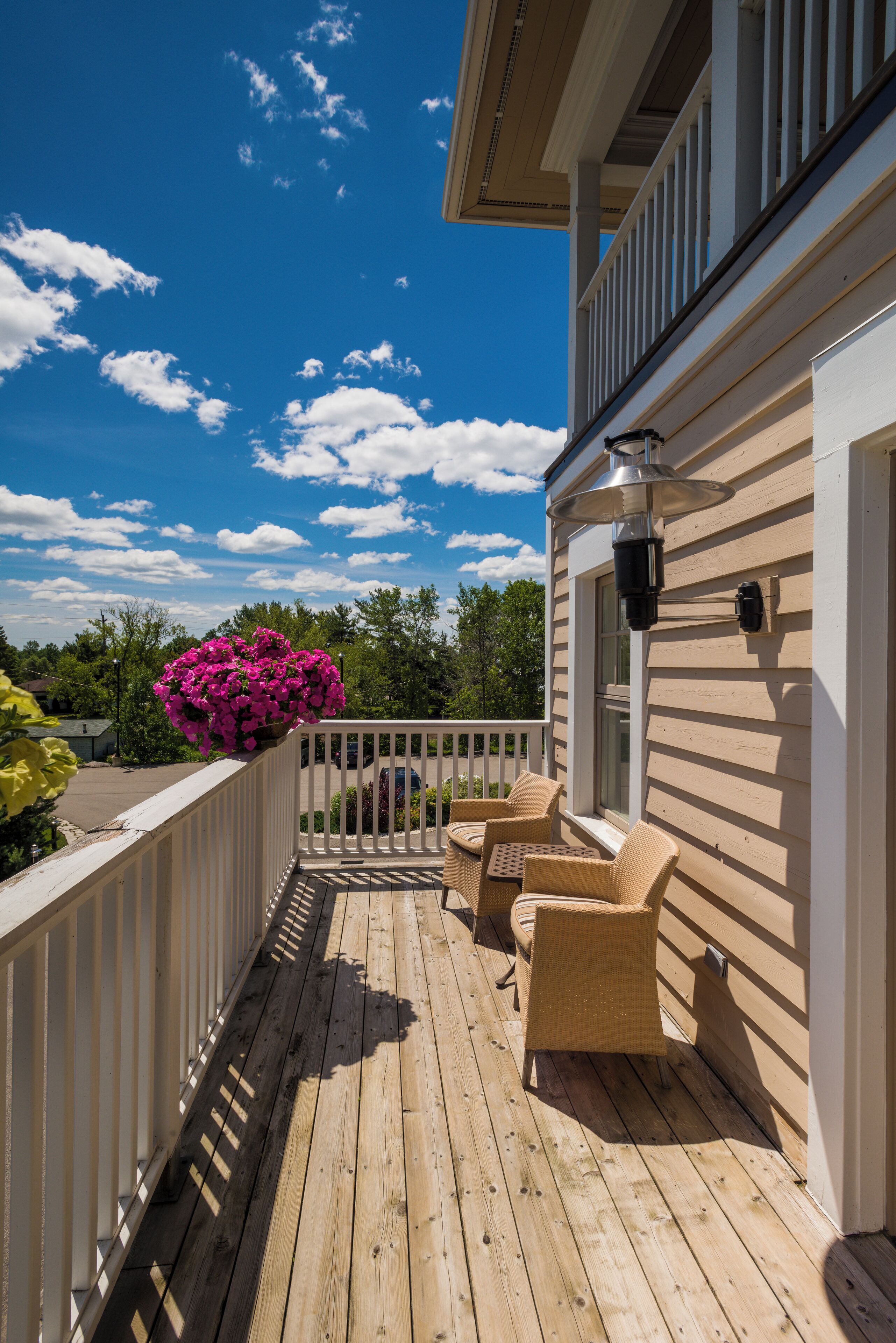 A wooden deck with wicker furniture and a flower pot.