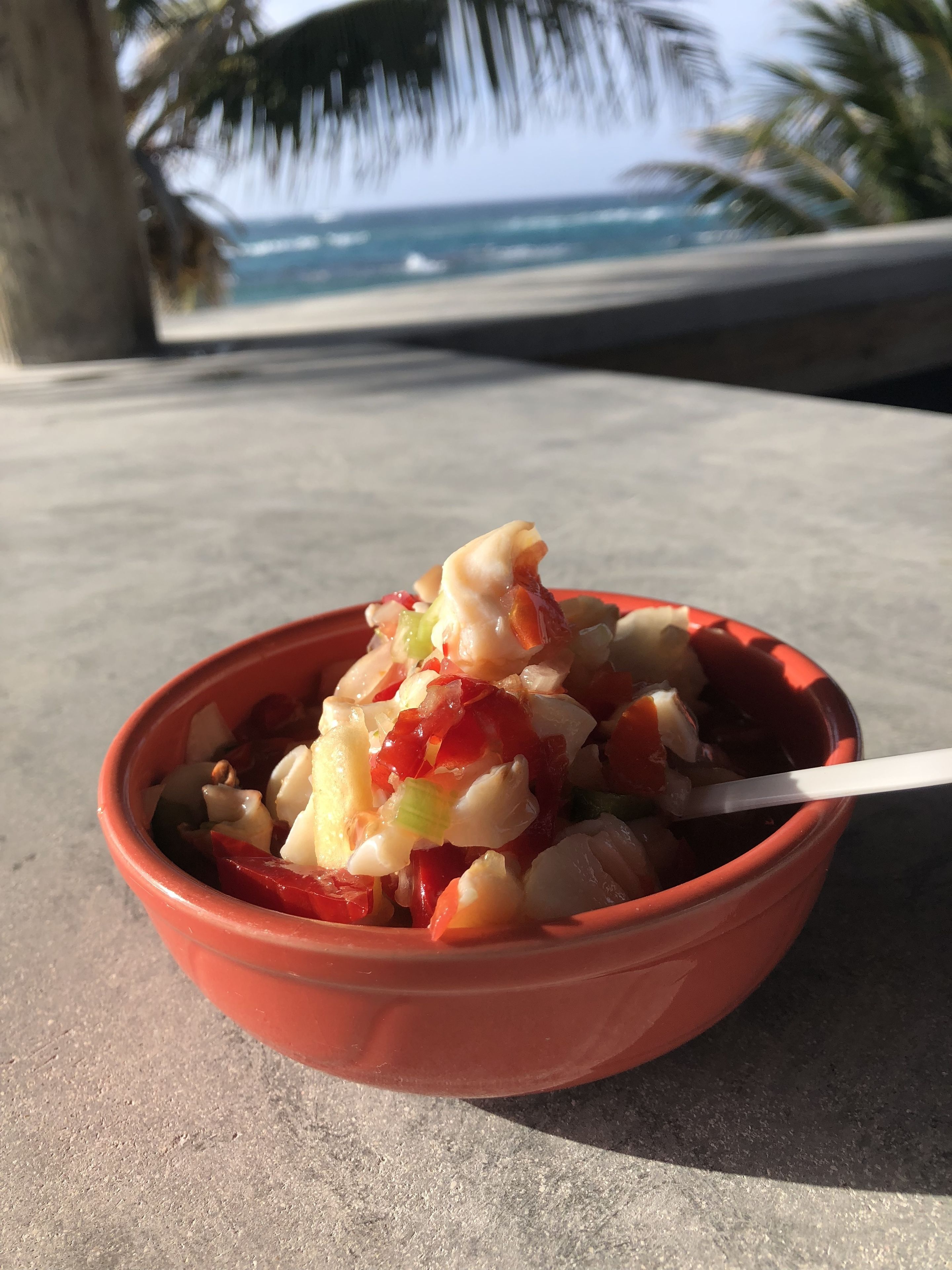 A bowl of fruit salad on a table with a view of the ocean and palm trees in the background.