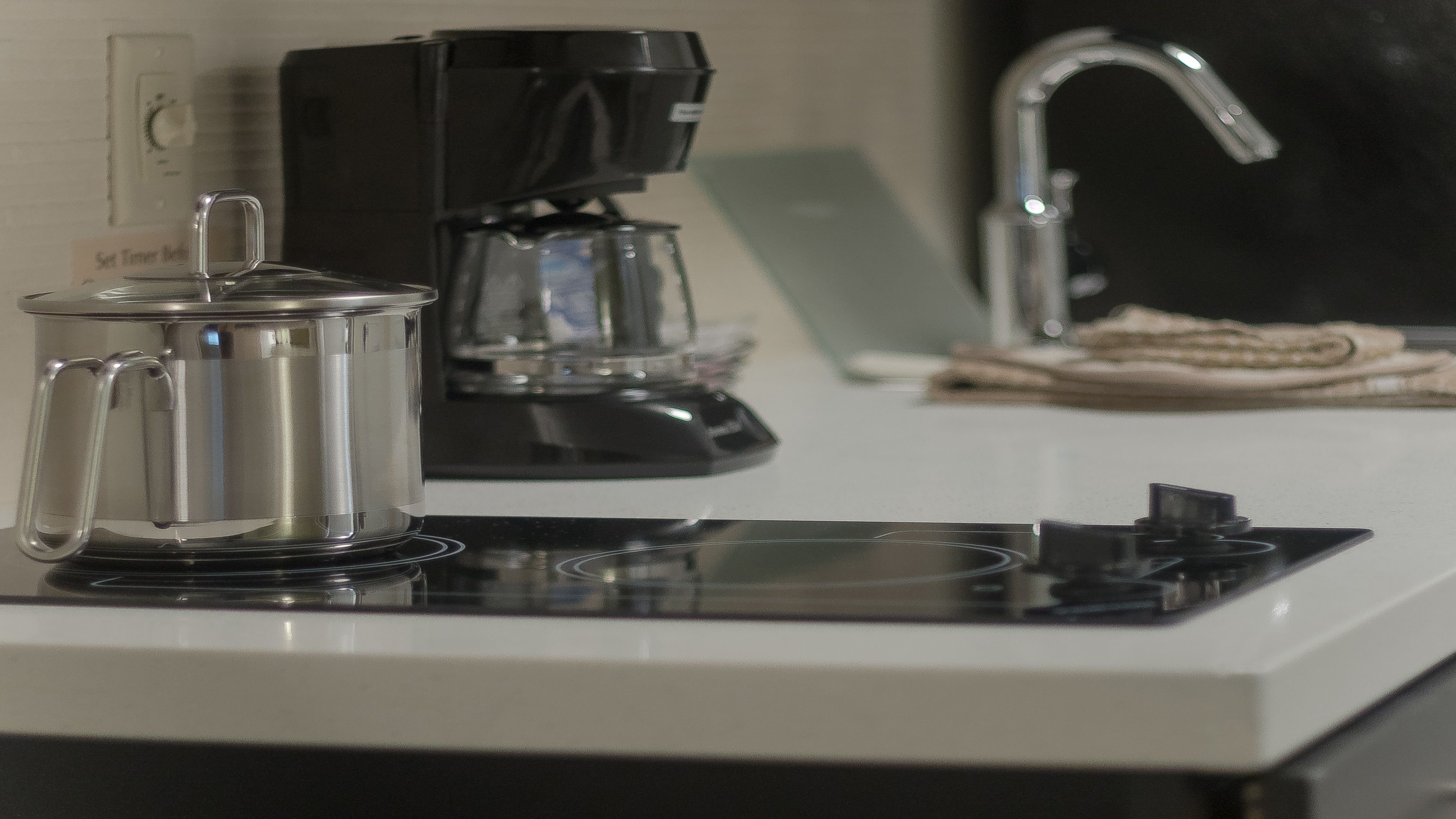 full-sized fridge, microwave, stovetop, dishwasher