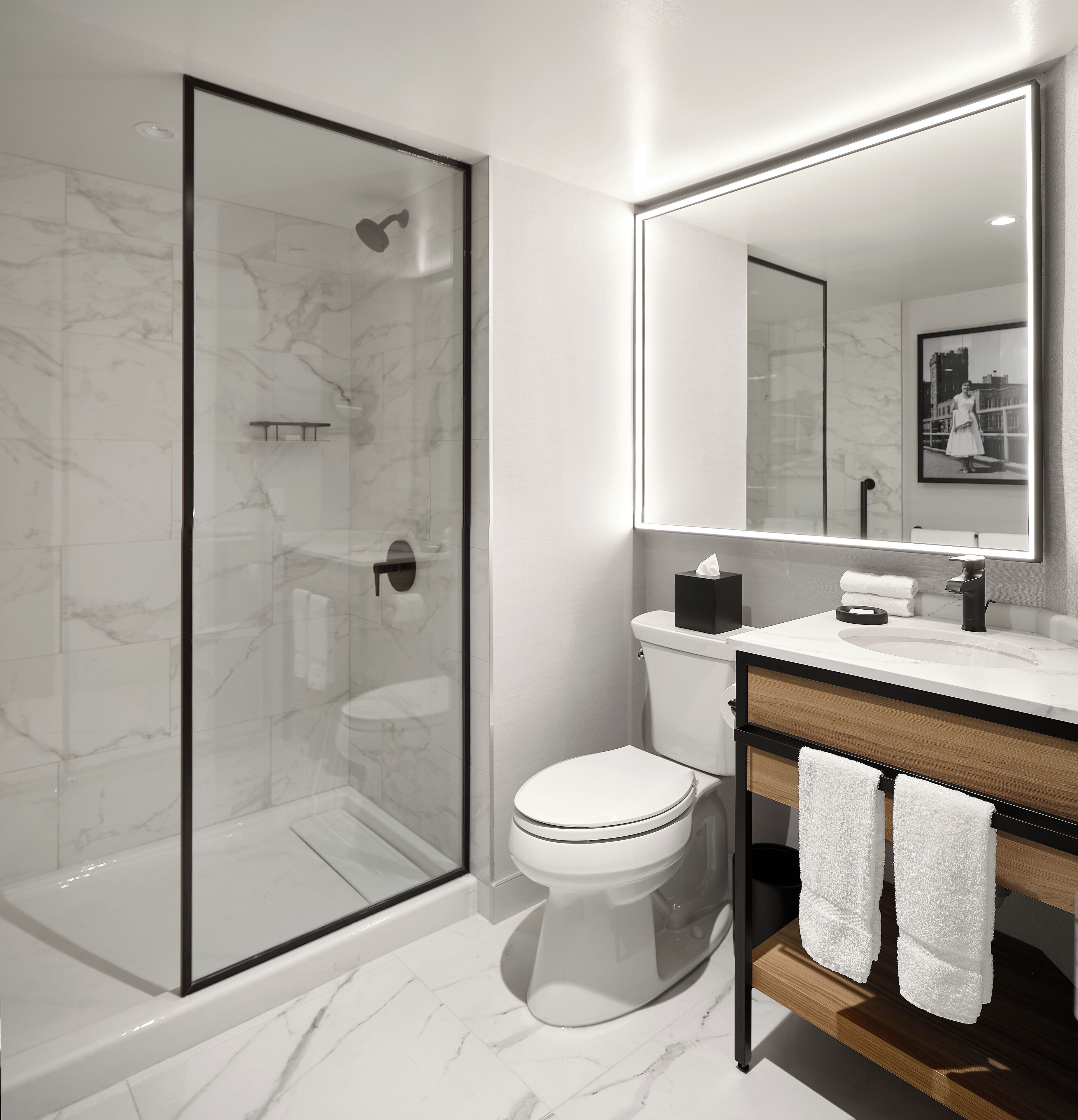 combined shower/bathtub, free toiletries, hair dryer, towels