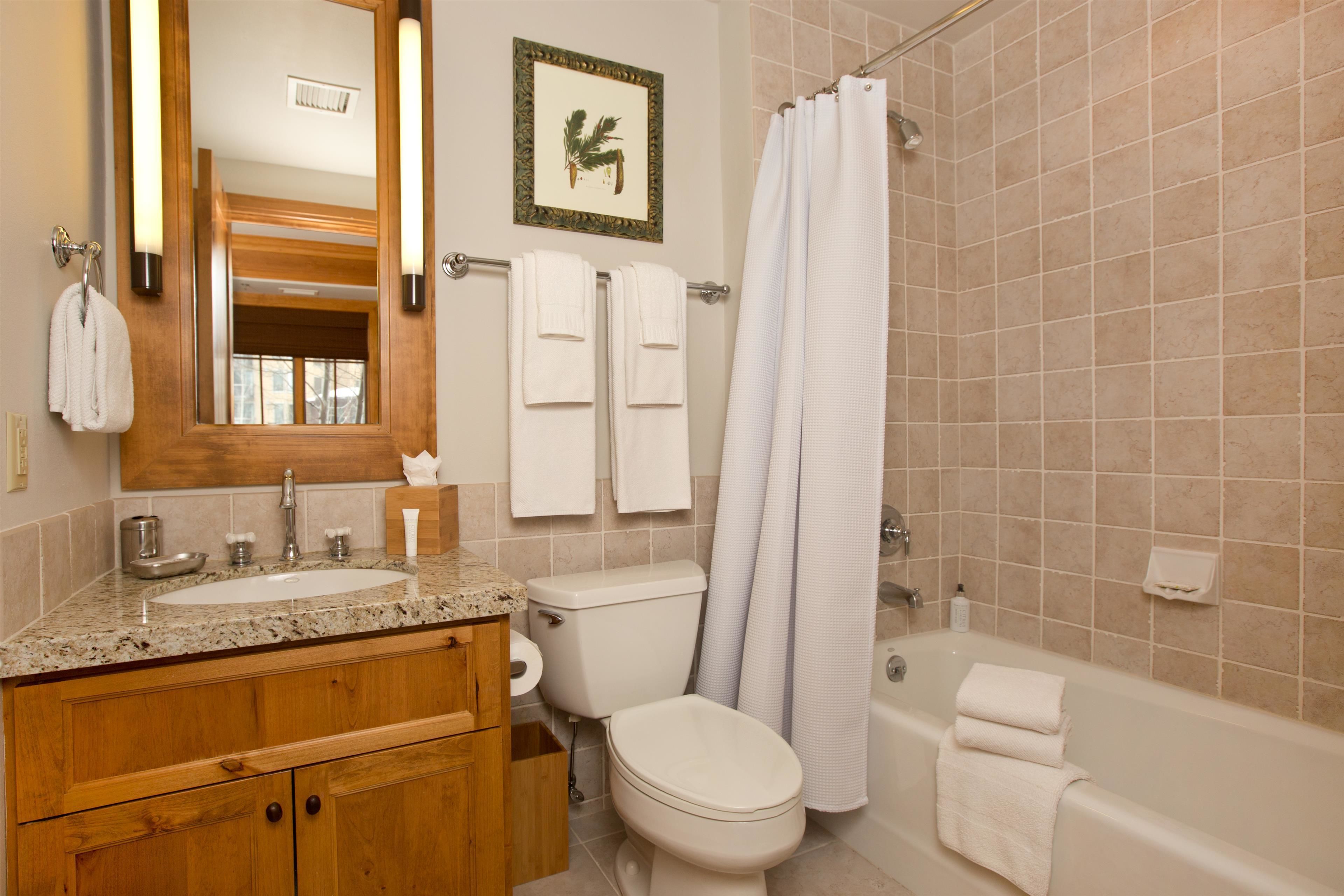 A bathroom with a sink, toilet, and bathtub. There are towels hanging on the wall and a framed picture above the mirror.
