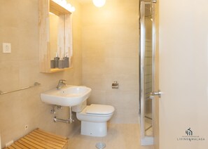 Shower, hair dryer, towels