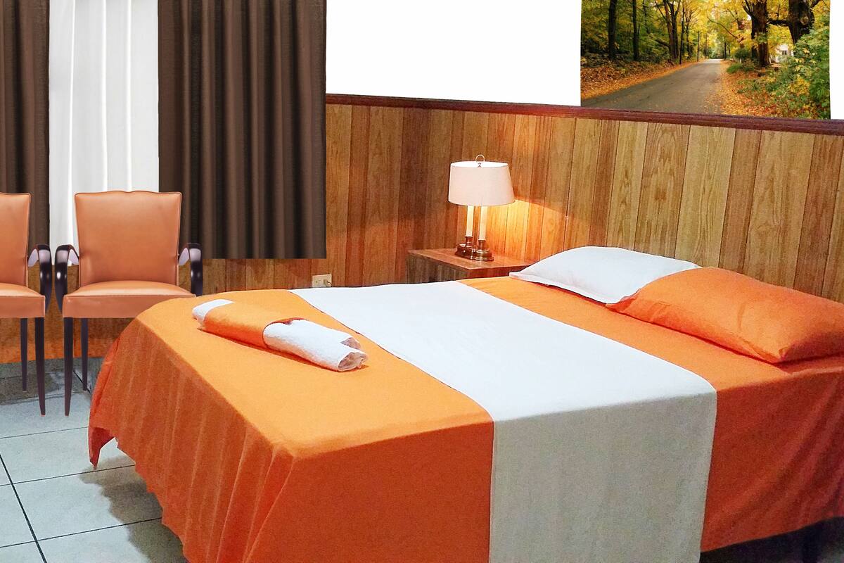 Ein Hotelzimmer mit einem Bett, zwei Stühlen, einem Nachttisch mit Lampe und Blick auf eine verschattete Straße.