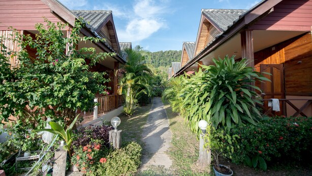 A pathway between wooden buildings with a garden and plants. - Poonsap Resort (Ko Lanta)