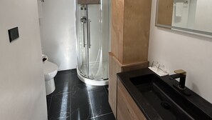 A modern bathroom with a glass shower enclosure, a toilet, and a vanity with a mirror. - Le Sieur de Joliette (Montreal)