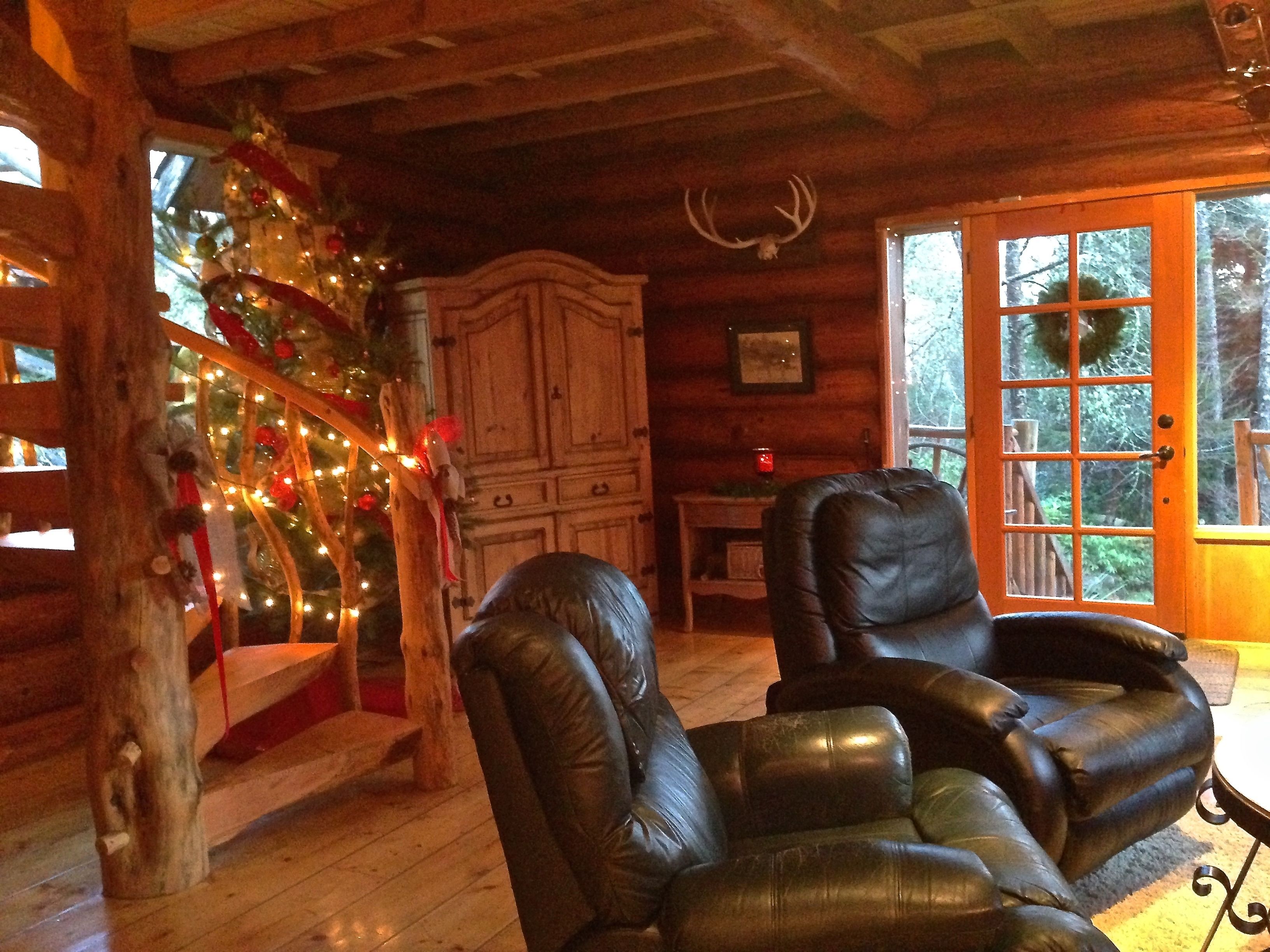 A log cabin interior with a Christmas tree, leather armchairs, a wooden cabinet, and a deer head on the wall.