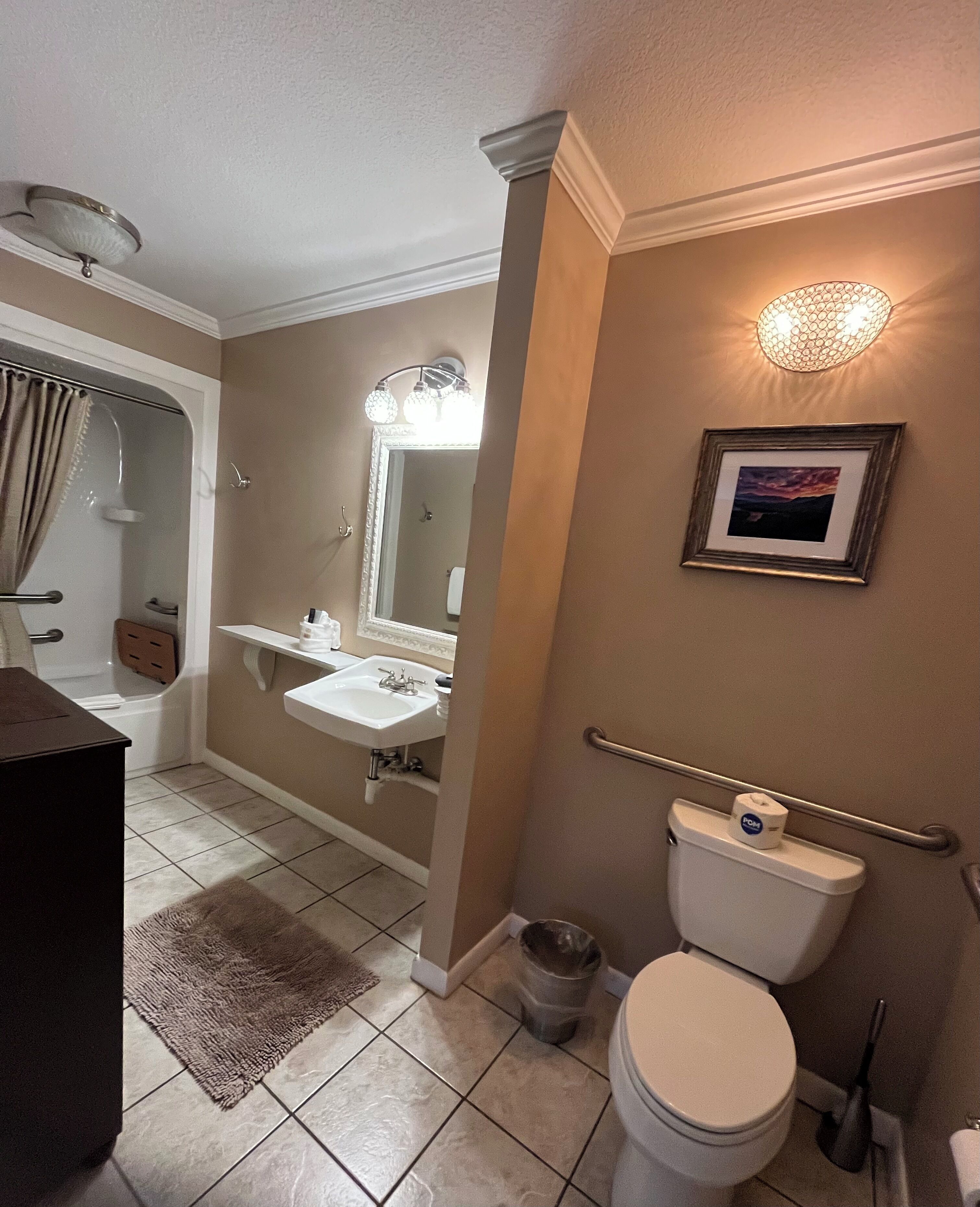 A bathroom with a toilet, sink, shower, and a framed picture on the wall.