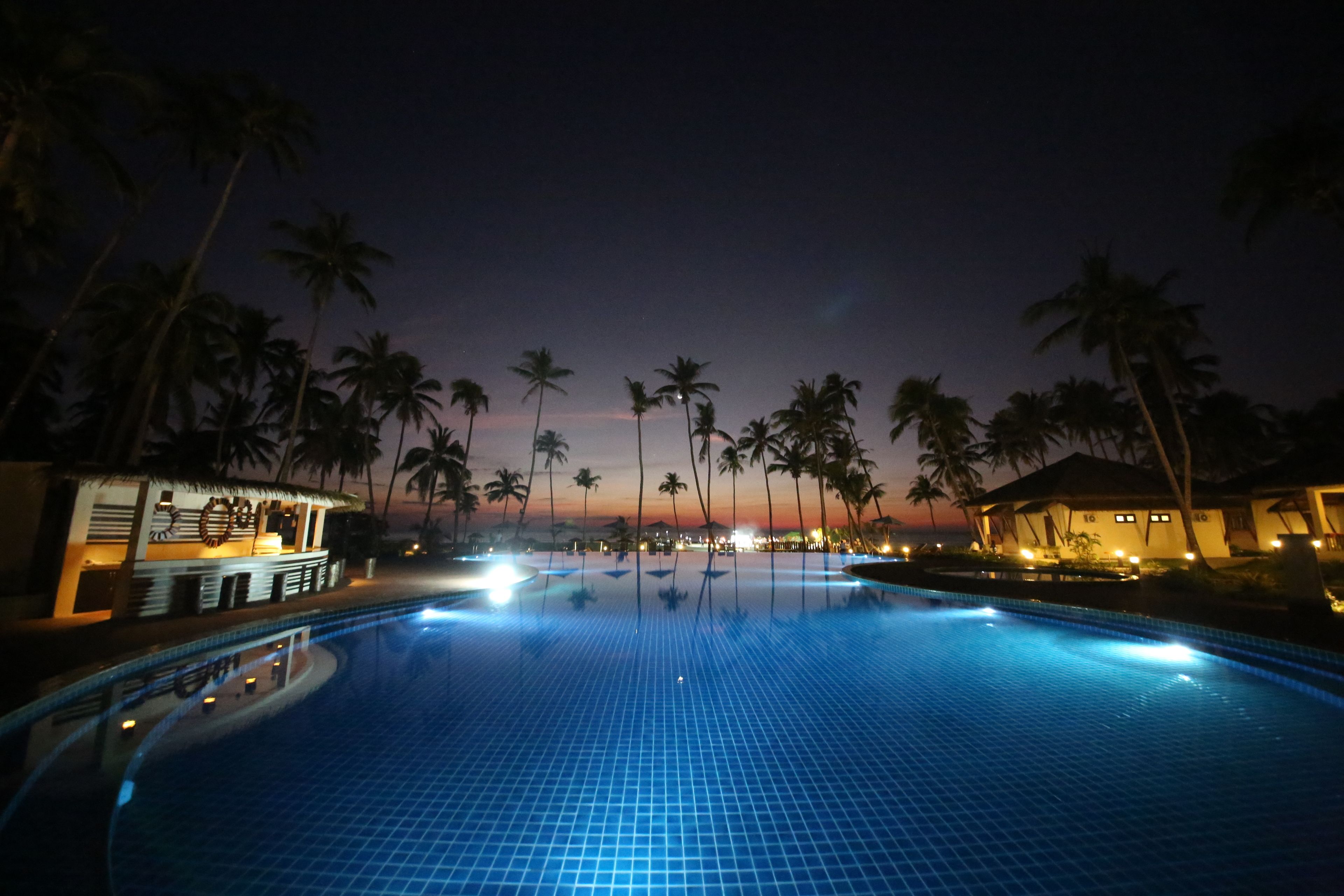 A nighttime view of a swimming pool with palm trees and a bar area.