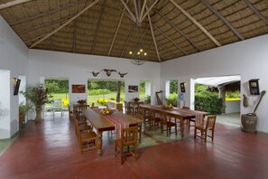 Un comedor amplio con mesas y sillas de madera, techo de paja y grandes ventanales con vistas al verdor.